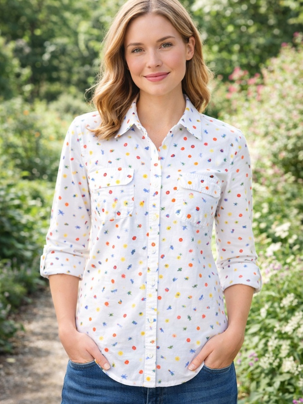 Talbots Cream Top with Bee and Floral Motif